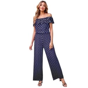 Polka Dot Jumpsuit Romper Wide Leg Jumper Ruffle Collar Off Shoulder One Piece